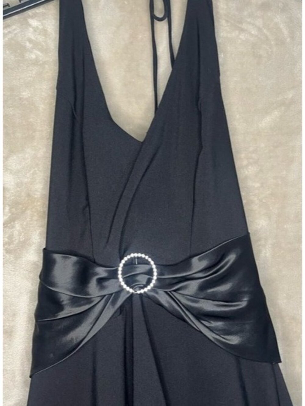B. Darlin Black Halter Vintage Y2K Tie Back Satin Evening Dress Rhinestone Vneck - Picture 9 of 16